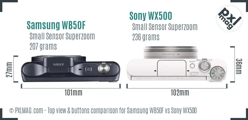 Samsung WB50F vs Sony WX500 top view buttons comparison
