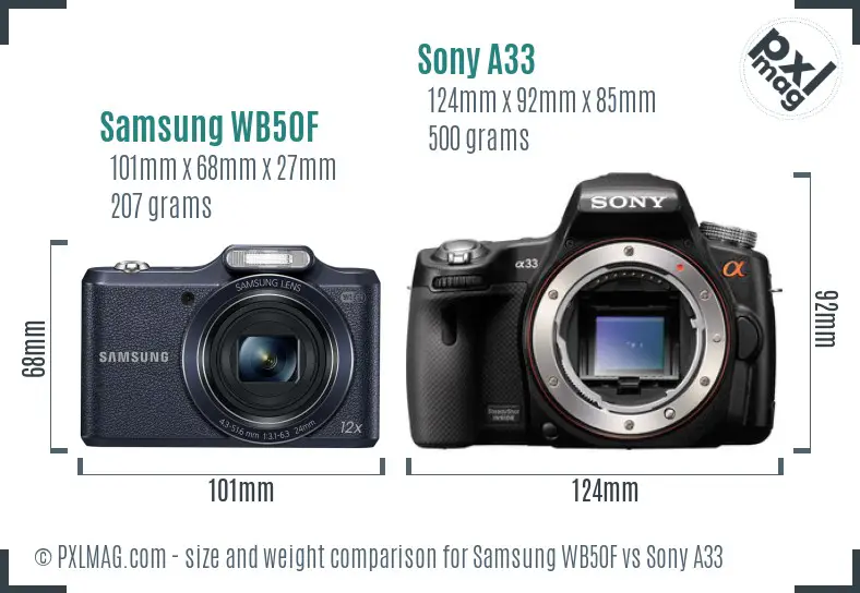 Samsung WB50F vs Sony A33 size comparison