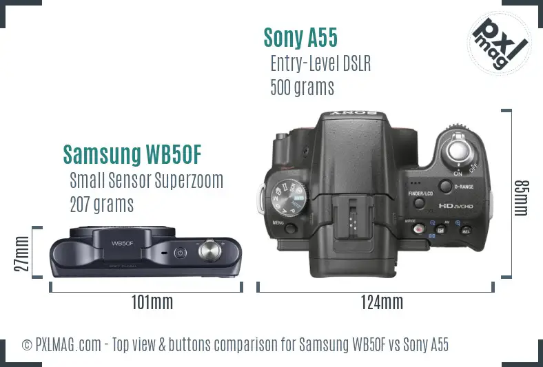 Samsung WB50F vs Sony A55 top view buttons comparison