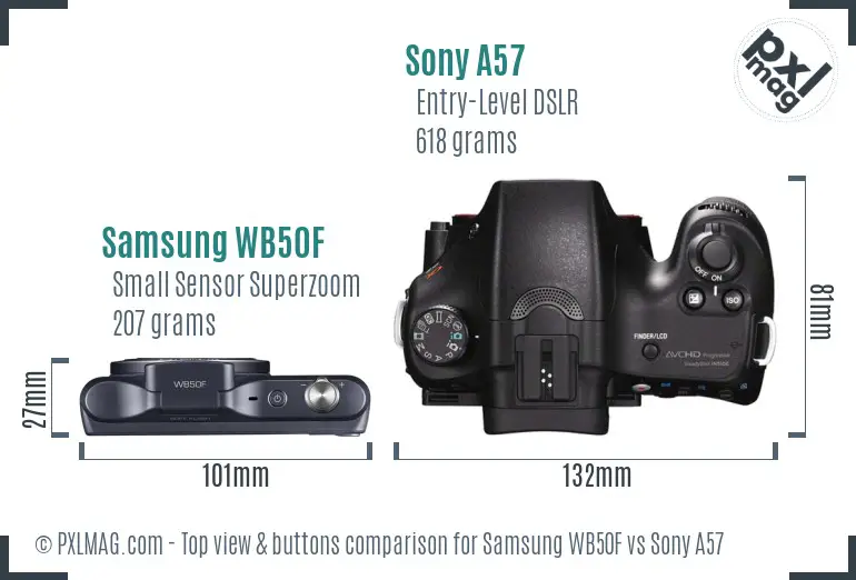 Samsung WB50F vs Sony A57 top view buttons comparison