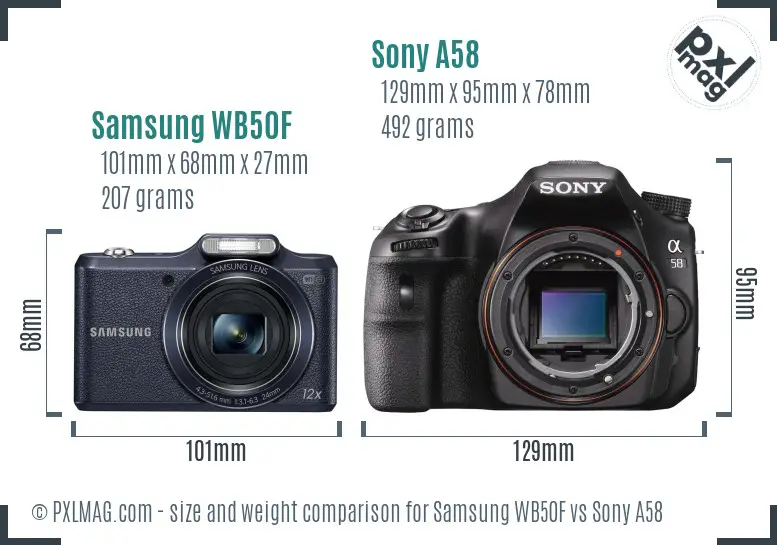 Samsung WB50F vs Sony A58 size comparison