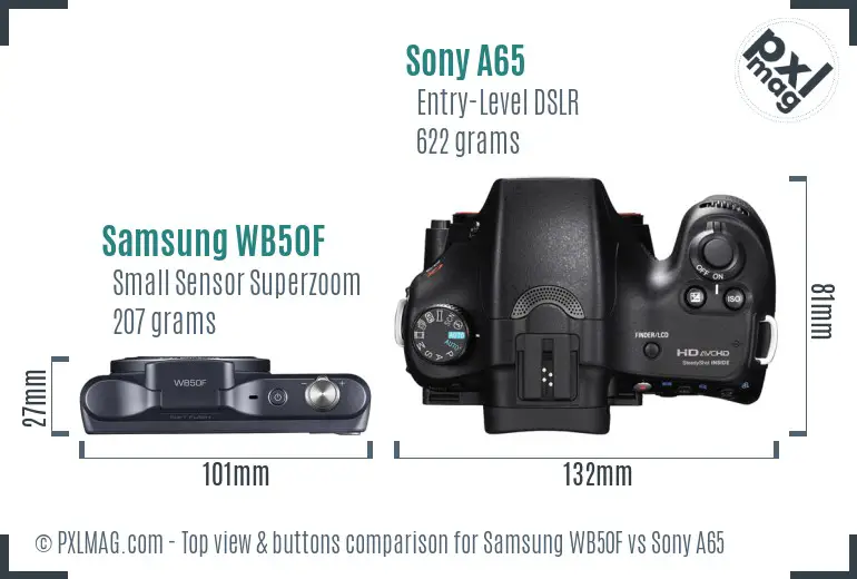 Samsung WB50F vs Sony A65 top view buttons comparison