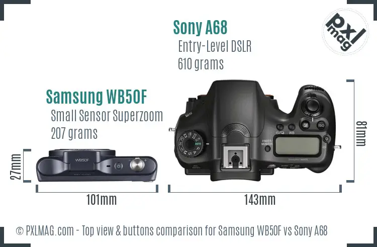 Samsung WB50F vs Sony A68 top view buttons comparison