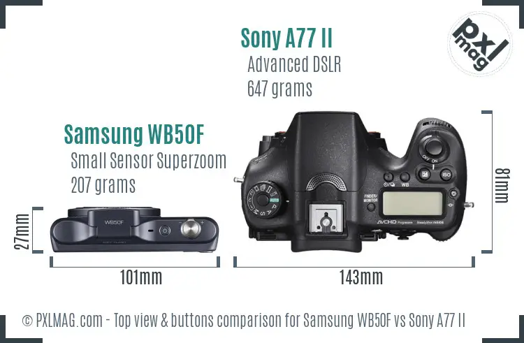 Samsung WB50F vs Sony A77 II top view buttons comparison