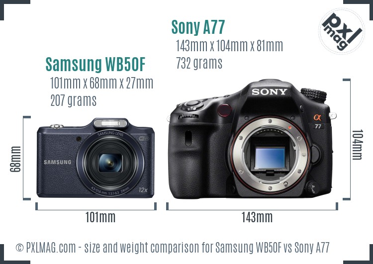 Samsung WB50F vs Sony A77 size comparison