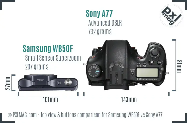 Samsung WB50F vs Sony A77 top view buttons comparison