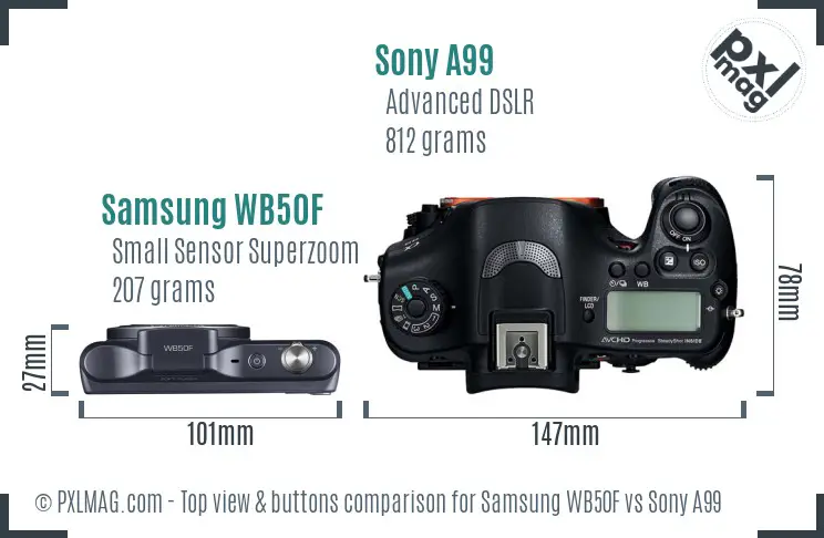 Samsung WB50F vs Sony A99 top view buttons comparison