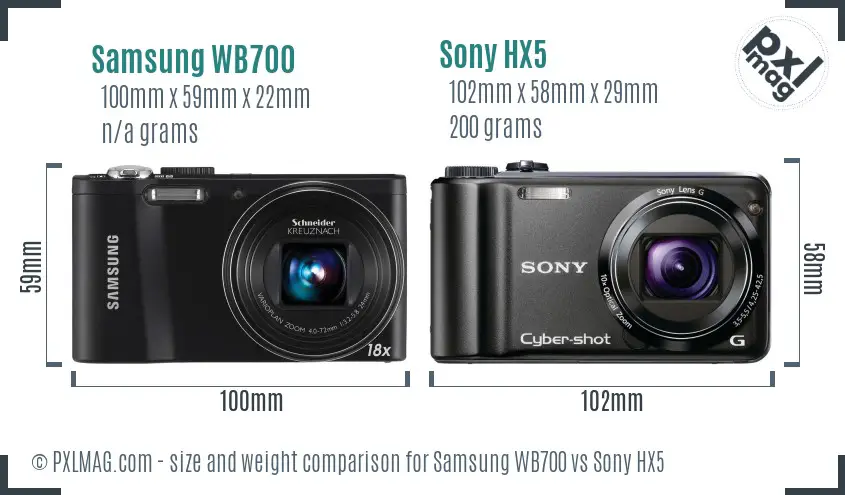 Samsung WB700 vs Sony HX5 size comparison