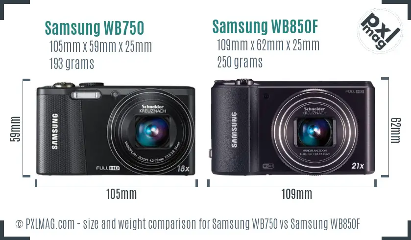 Samsung WB750 vs Samsung WB850F size comparison