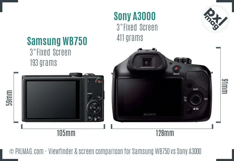Samsung WB750 vs Sony A3000 Screen and Viewfinder comparison