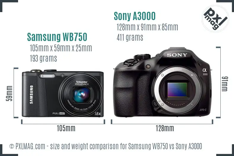Samsung WB750 vs Sony A3000 size comparison