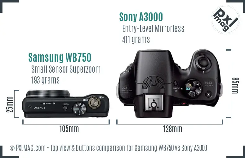 Samsung WB750 vs Sony A3000 top view buttons comparison