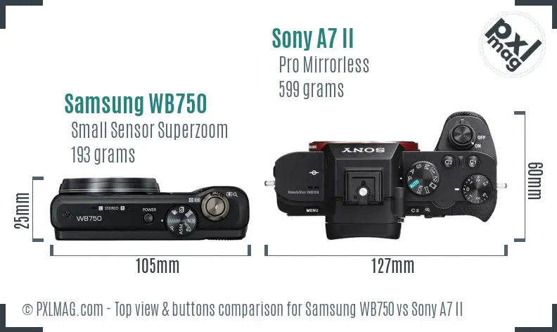 Samsung WB750 vs Sony A7 II top view buttons comparison