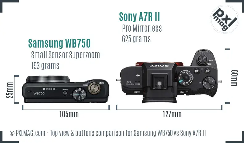 Samsung WB750 vs Sony A7R II top view buttons comparison