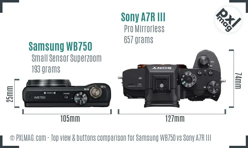 Samsung WB750 vs Sony A7R III top view buttons comparison