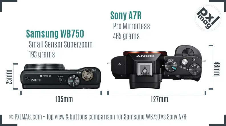 Samsung WB750 vs Sony A7R top view buttons comparison