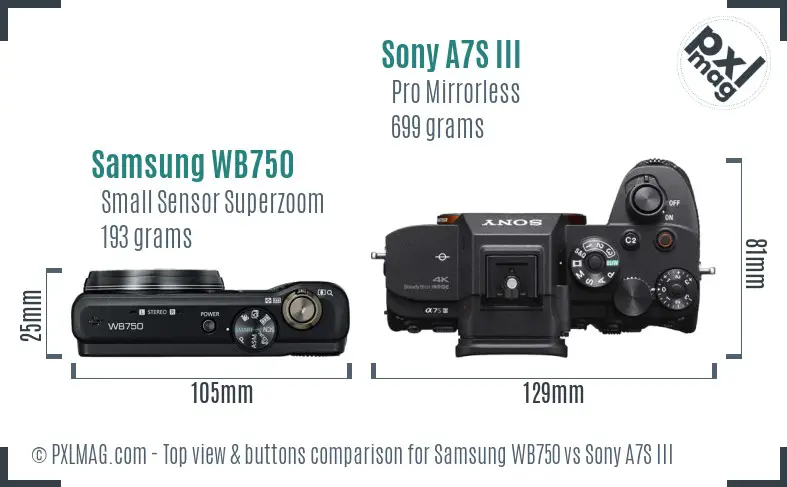 Samsung WB750 vs Sony A7S III top view buttons comparison