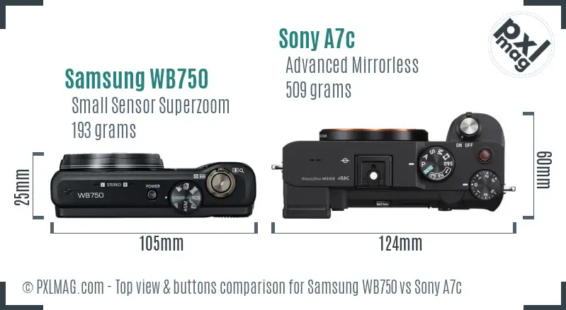 Samsung WB750 vs Sony A7c top view buttons comparison