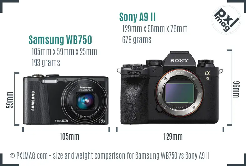 Samsung WB750 vs Sony A9 II size comparison