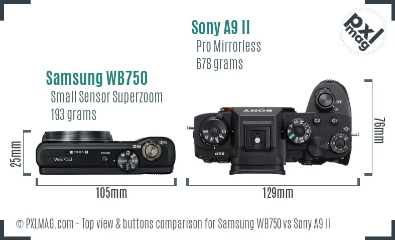 Samsung WB750 vs Sony A9 II top view buttons comparison