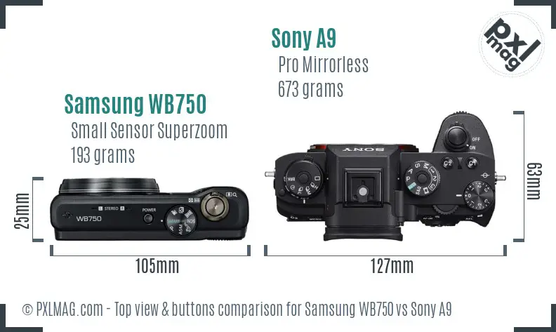 Samsung WB750 vs Sony A9 top view buttons comparison