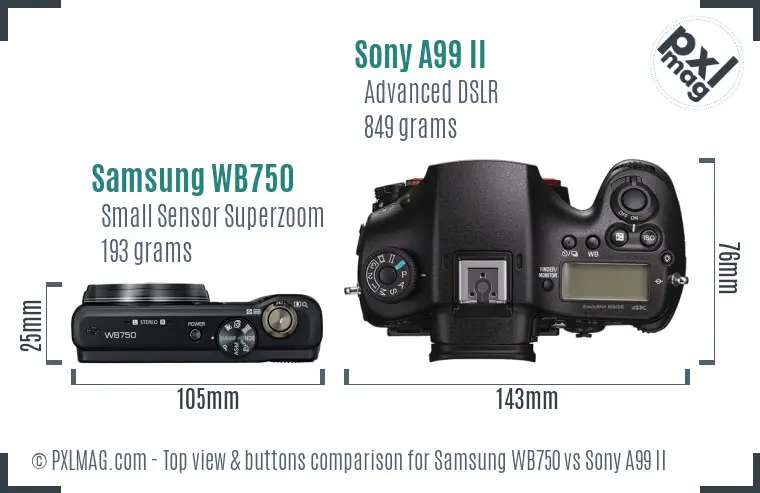 Samsung WB750 vs Sony A99 II top view buttons comparison