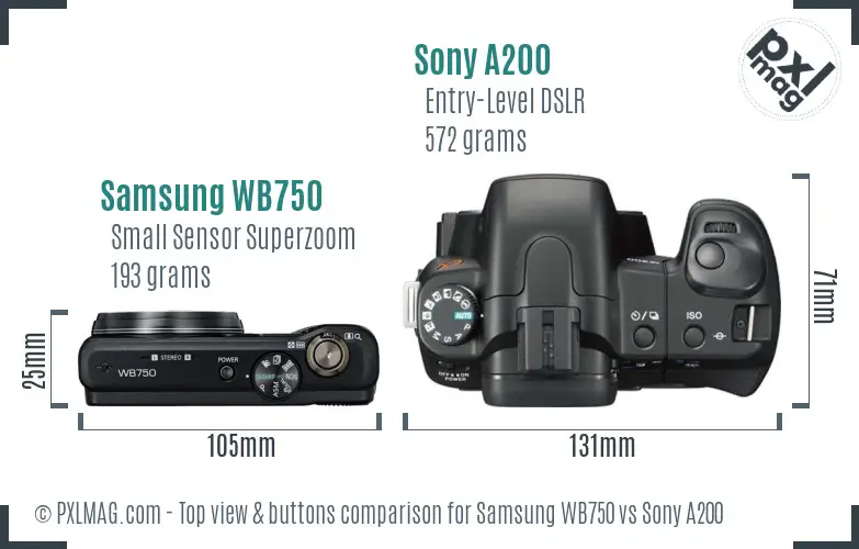 Samsung WB750 vs Sony A200 top view buttons comparison Samsung WB750 vs Sony A200 top view buttons comparison