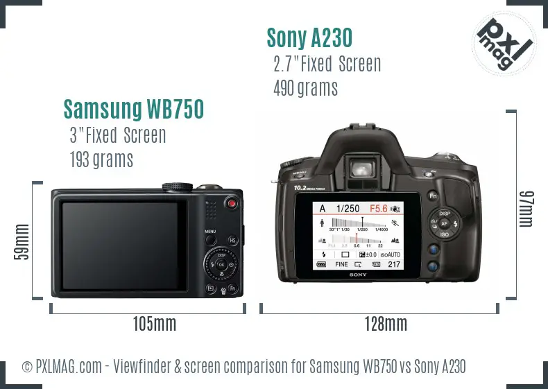 Samsung WB750 vs Sony A230 Screen and Viewfinder comparison