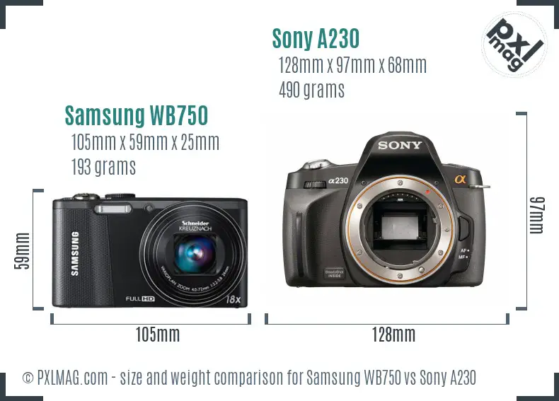 Samsung WB750 vs Sony A230 size comparison