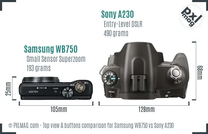 Samsung WB750 vs Sony A230 top view buttons comparison