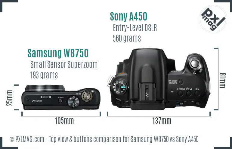 Samsung WB750 vs Sony A450 top view buttons comparison