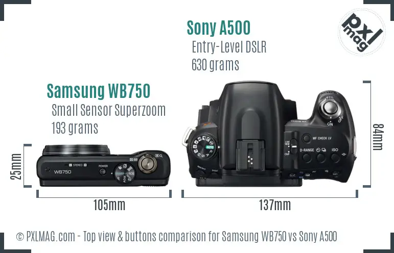 Samsung WB750 vs Sony A500 top view buttons comparison Samsung WB750 vs Sony A500 top view buttons comparison