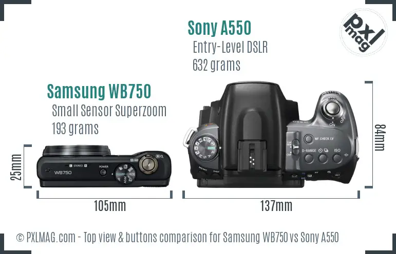 Samsung WB750 vs Sony A550 top view buttons comparison