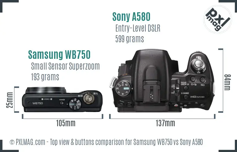 Samsung WB750 vs Sony A580 top view buttons comparison