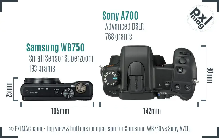 Samsung WB750 vs Sony A700 top view buttons comparison Samsung WB750 vs Sony A700 top view buttons comparison