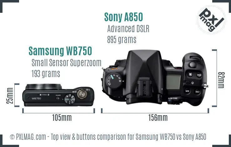 Samsung WB750 vs Sony A850 top view buttons comparison