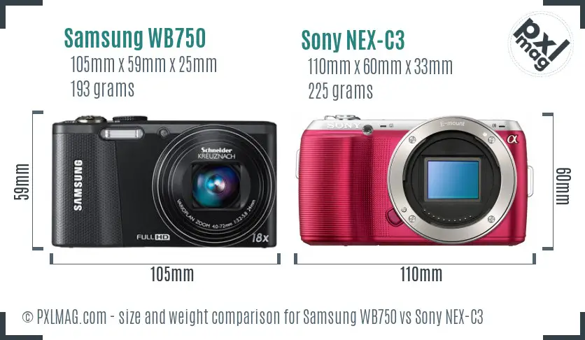 Samsung WB750 vs Sony NEX-C3 size comparison