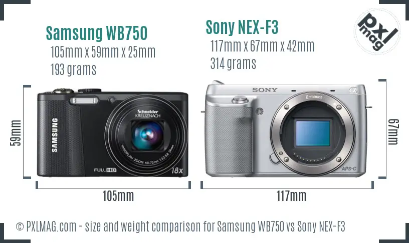 Samsung WB750 vs Sony NEX-F3 size comparison