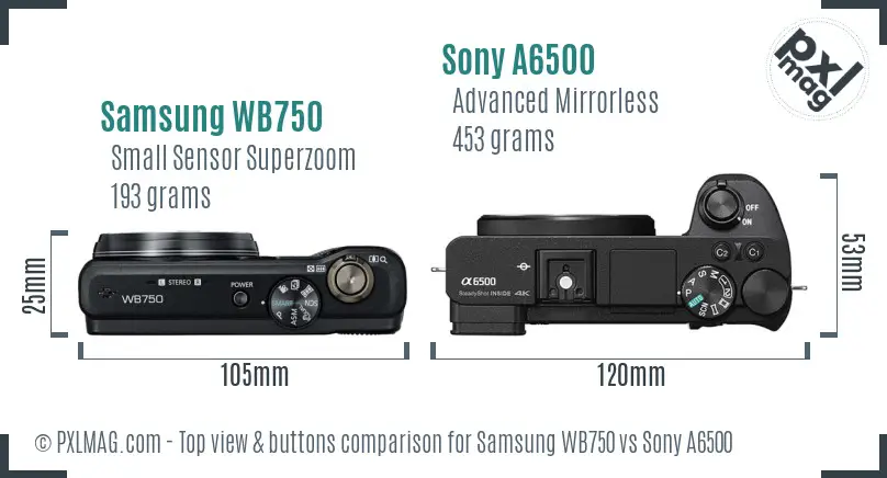 Samsung WB750 vs Sony A6500 top view buttons comparison