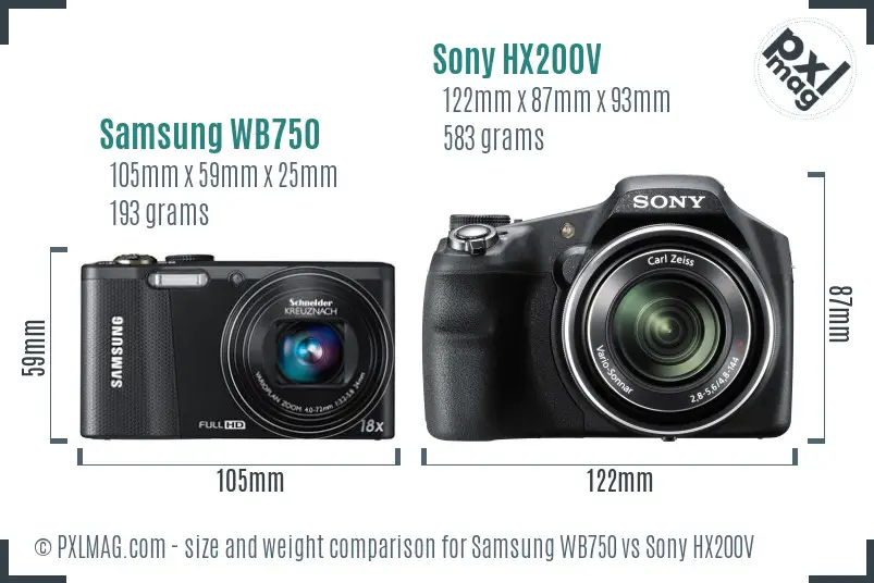 Samsung WB750 vs Sony HX200V size comparison