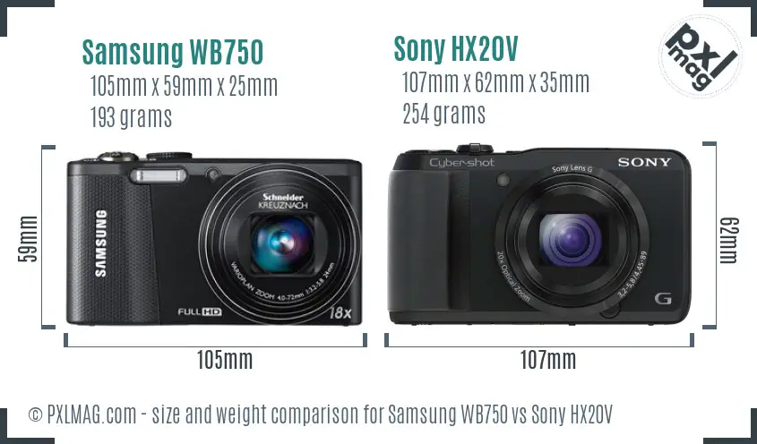 Samsung WB750 vs Sony HX20V size comparison