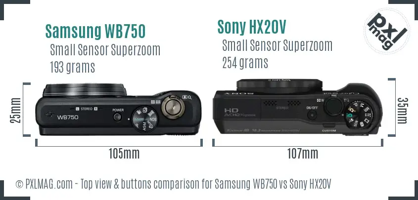 Samsung WB750 vs Sony HX20V top view buttons comparison