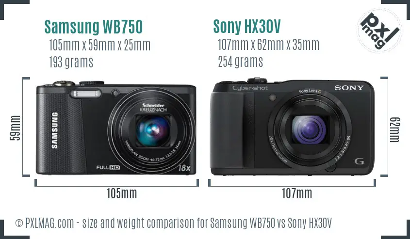 Samsung WB750 vs Sony HX30V size comparison