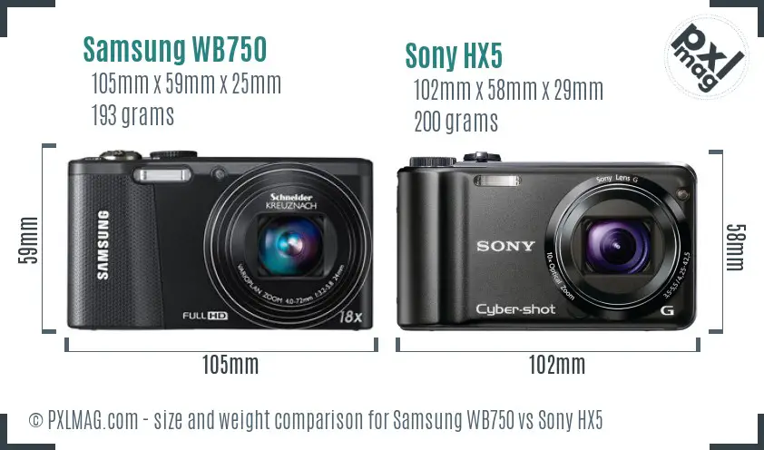 Samsung WB750 vs Sony HX5 size comparison