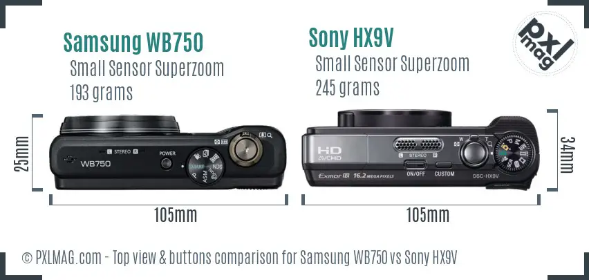 Samsung WB750 vs Sony HX9V top view buttons comparison