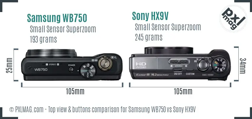 Samsung WB750 vs Sony HX9V top view buttons comparison Samsung WB750 vs Sony HX9V top view buttons comparison