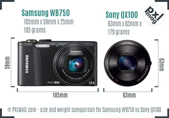 Samsung WB750 vs Sony QX100 size comparison