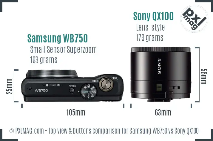 Samsung WB750 vs Sony QX100 top view buttons comparison