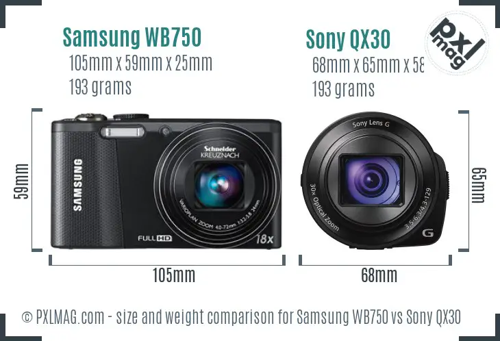 Samsung WB750 vs Sony QX30 size comparison