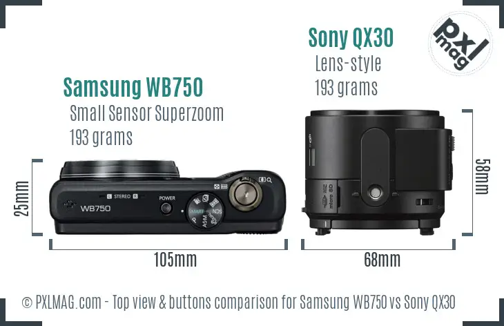 Samsung WB750 vs Sony QX30 top view buttons comparison